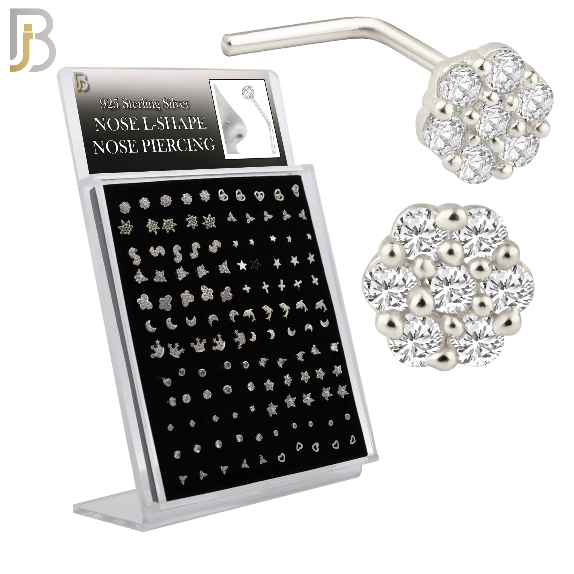 925-PK-NR33WL9 - 925 Sterling Silver L-Shaped Nose Rings with Different Designs - Pack of 120 image 0