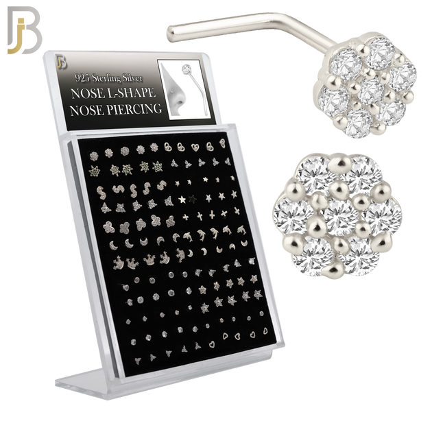 925-PK-NR33WL9 - 925 Sterling Silver L-Shaped Nose Rings with Different Designs - Pack of 120 image 0