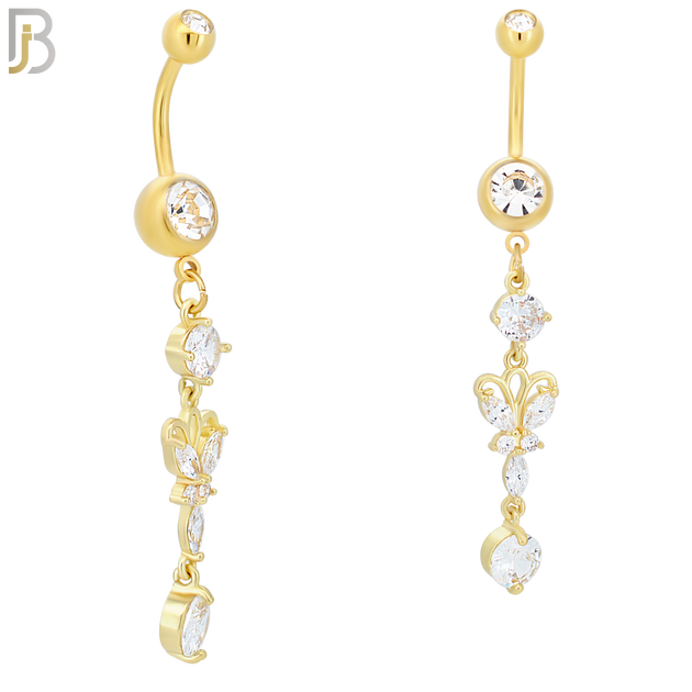 N068 - 316L Stainless Steel Dangling Butterfly with Round Prong Zircon Design Belly Ring with 5mm Screw Ball image 2