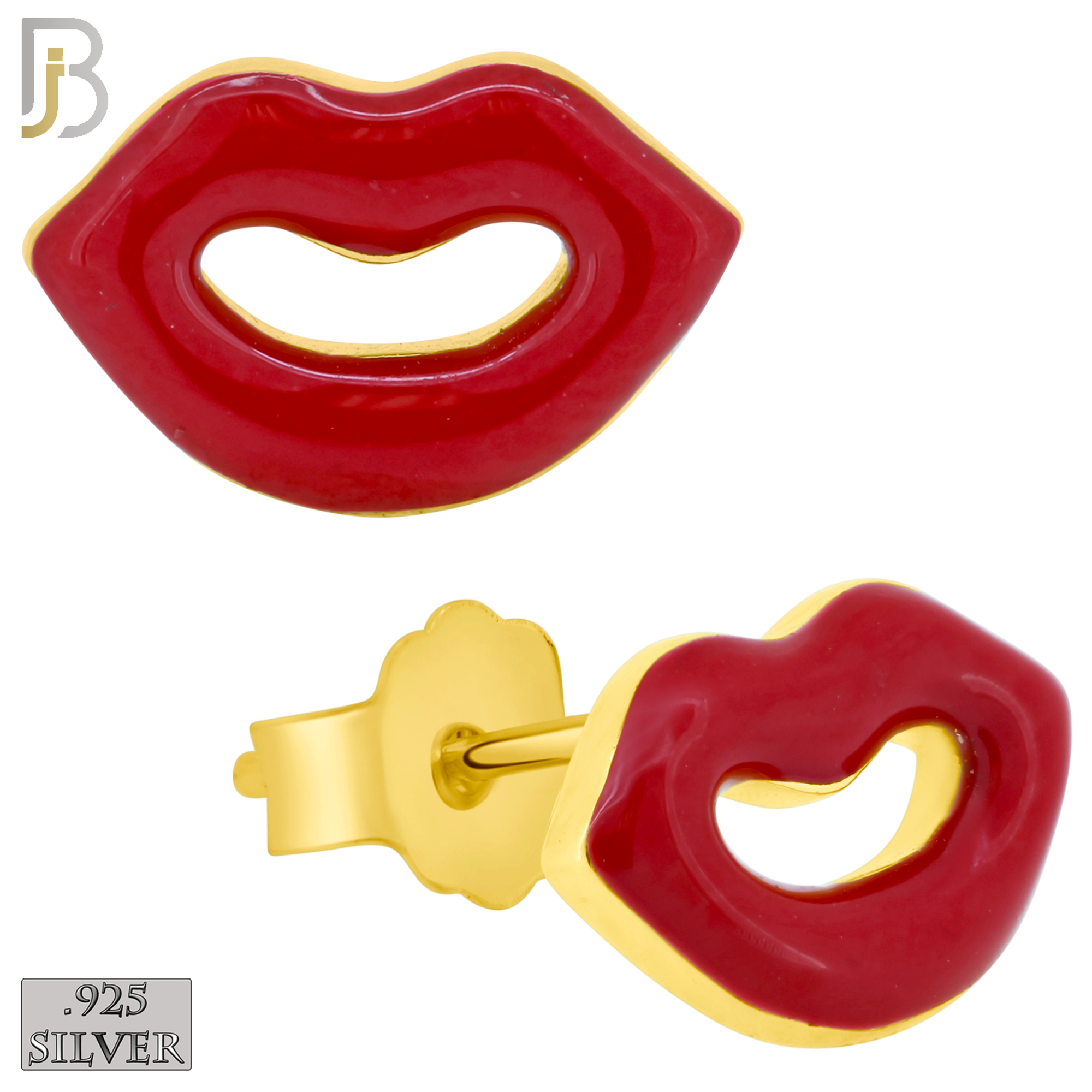 925-ES427 - Push Back - .925 Sterling Silver Red Enamel Lips Earrings Stud Earrings image 1