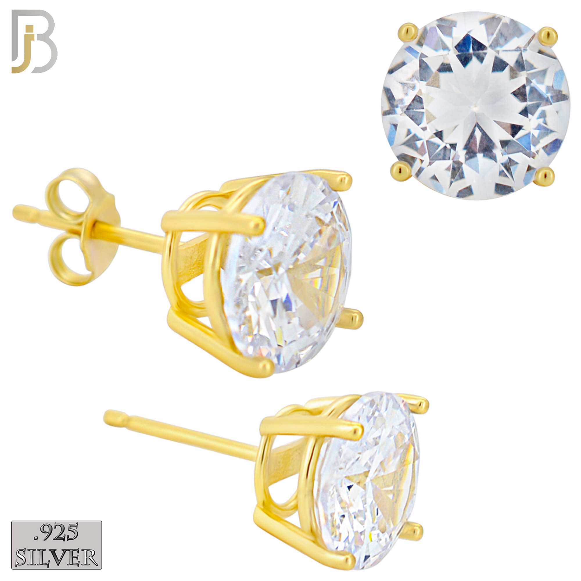 925-ES71-GC - .925 Sterling Silver Gold Plated Earring Stud Casting Round Prong Setting Clear Zircon - 9mm image