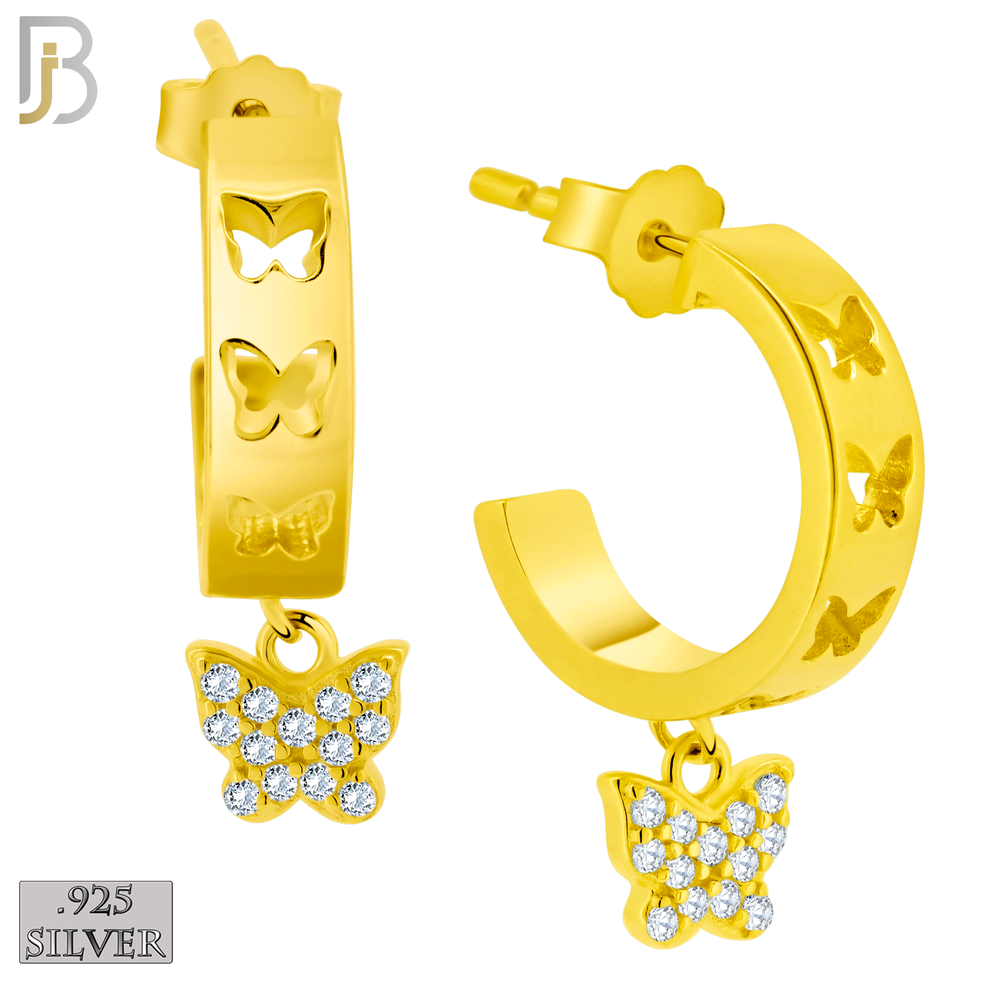 925-ES403 - .925 Sterling Silver Dangling CZ Studded Butterfly Half Hoop Earrings image 1