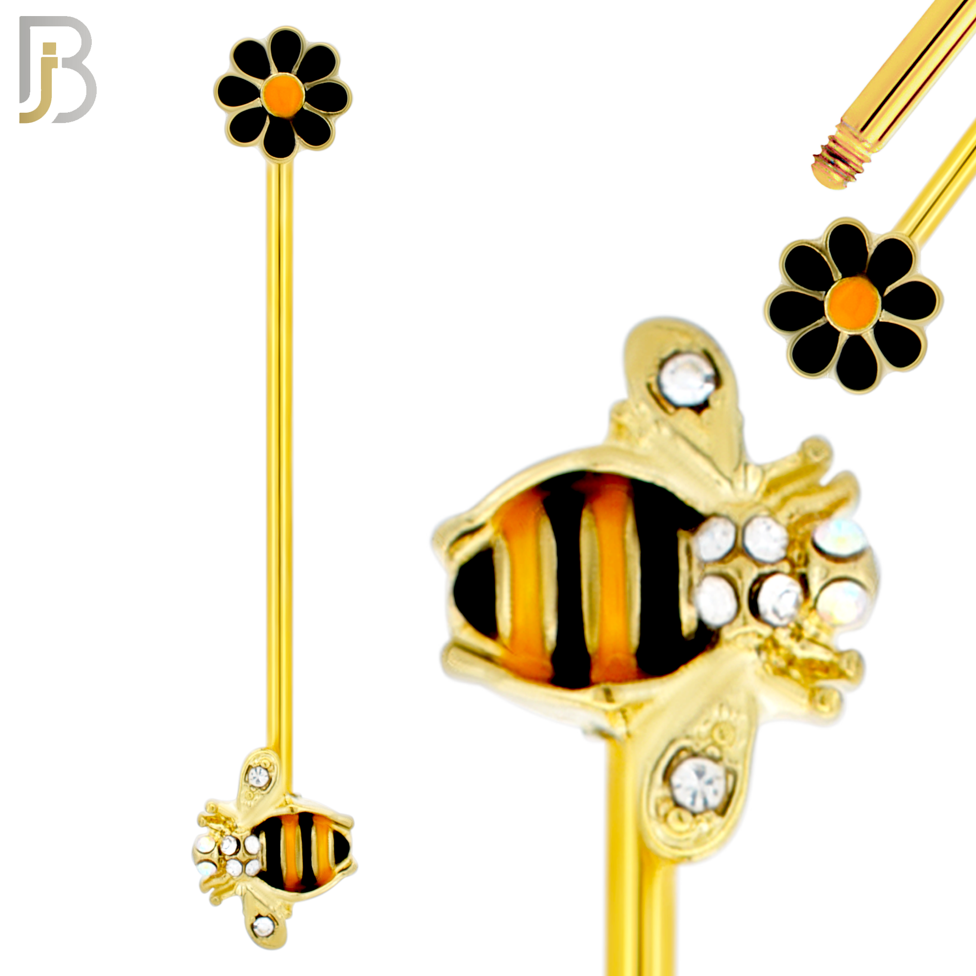 BB21 - 316L Surgical Steel Screw Bar Bee with Flower Design with Zircon Barbell Industrial (PACK OF 4) image 2