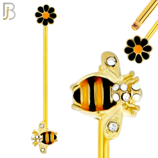 BB21 - 316L Surgical Steel Screw Bar Bee with Flower Design with Zircon Barbell Industrial (PACK OF 4) image 2