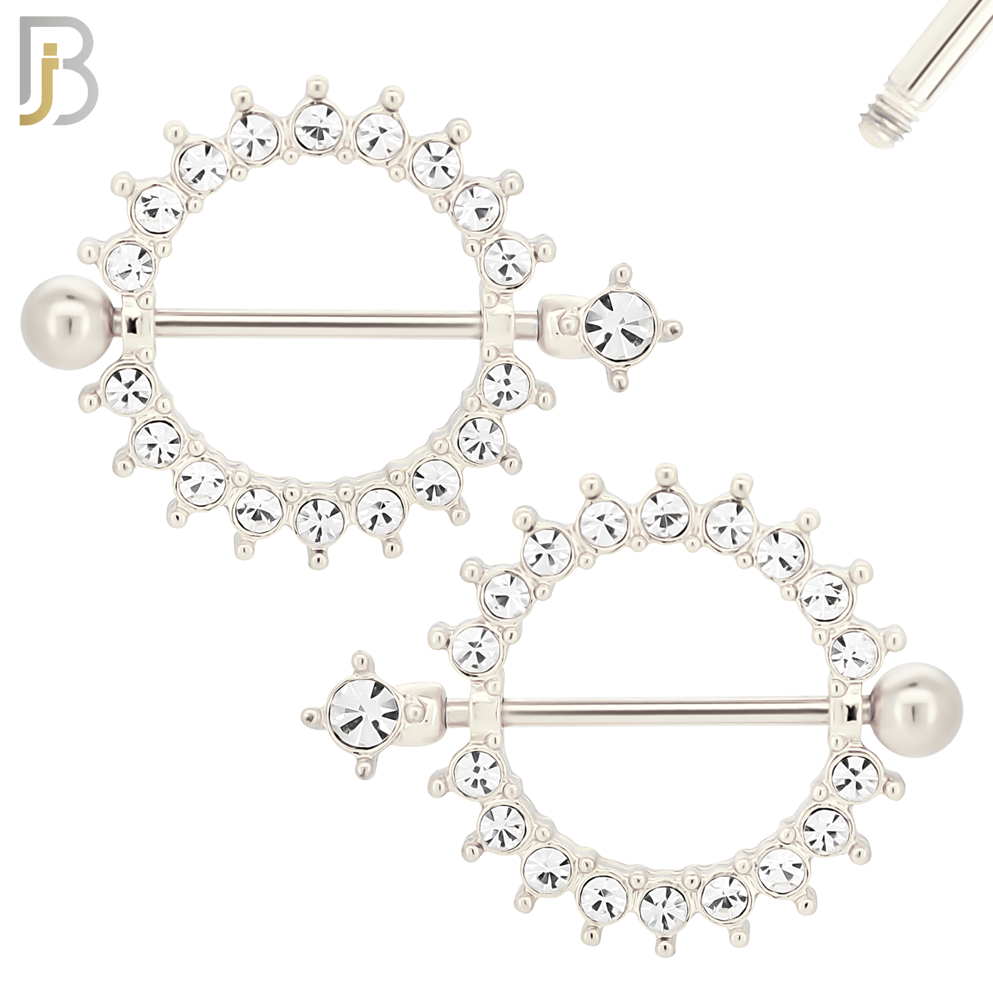 NP39 - 316L Surgical Steel Screw Shield Barbell with Alloy Sun with Bezel CZ Design Pair image 1