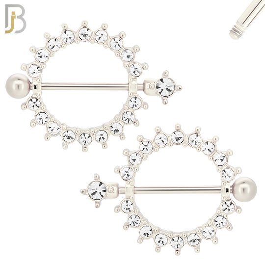NP39 - 316L Surgical Steel Screw Shield Barbell with Alloy Sun with Bezel CZ Design Pair image 1