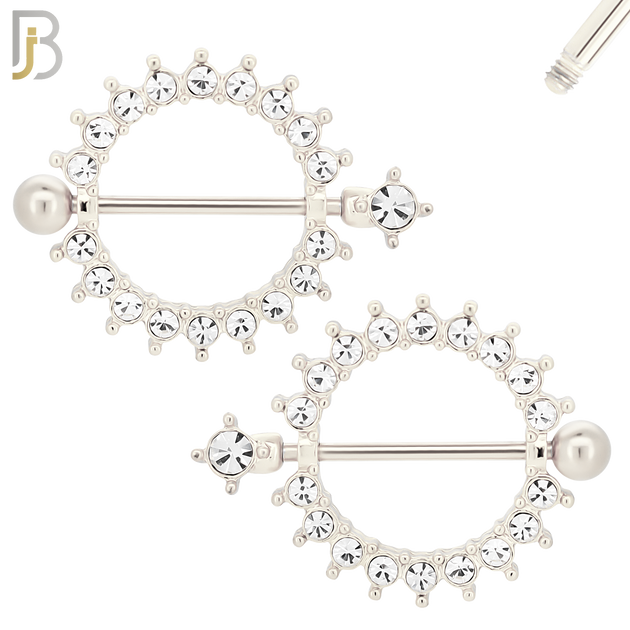 NP39 - 316L Surgical Steel Screw Shield Barbell with Alloy Sun with Bezel CZ Design Pair image 1