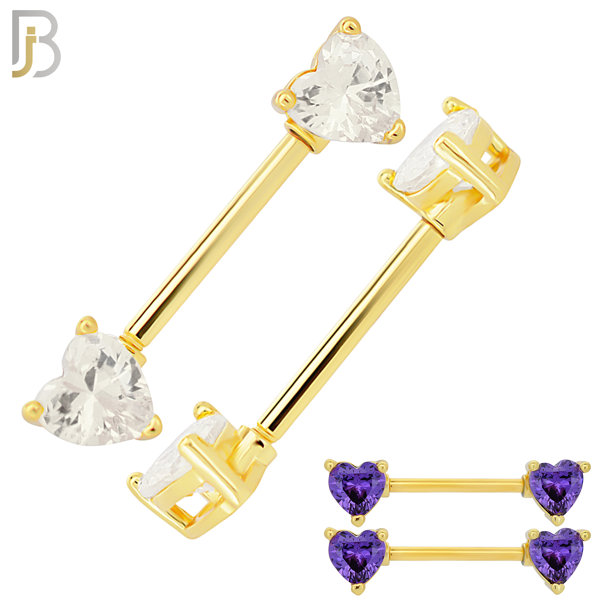 NP03G - 316L Surgical Steel Gold Plated Screw Prong Heart Zircon Nipple Ring Piercing image 0