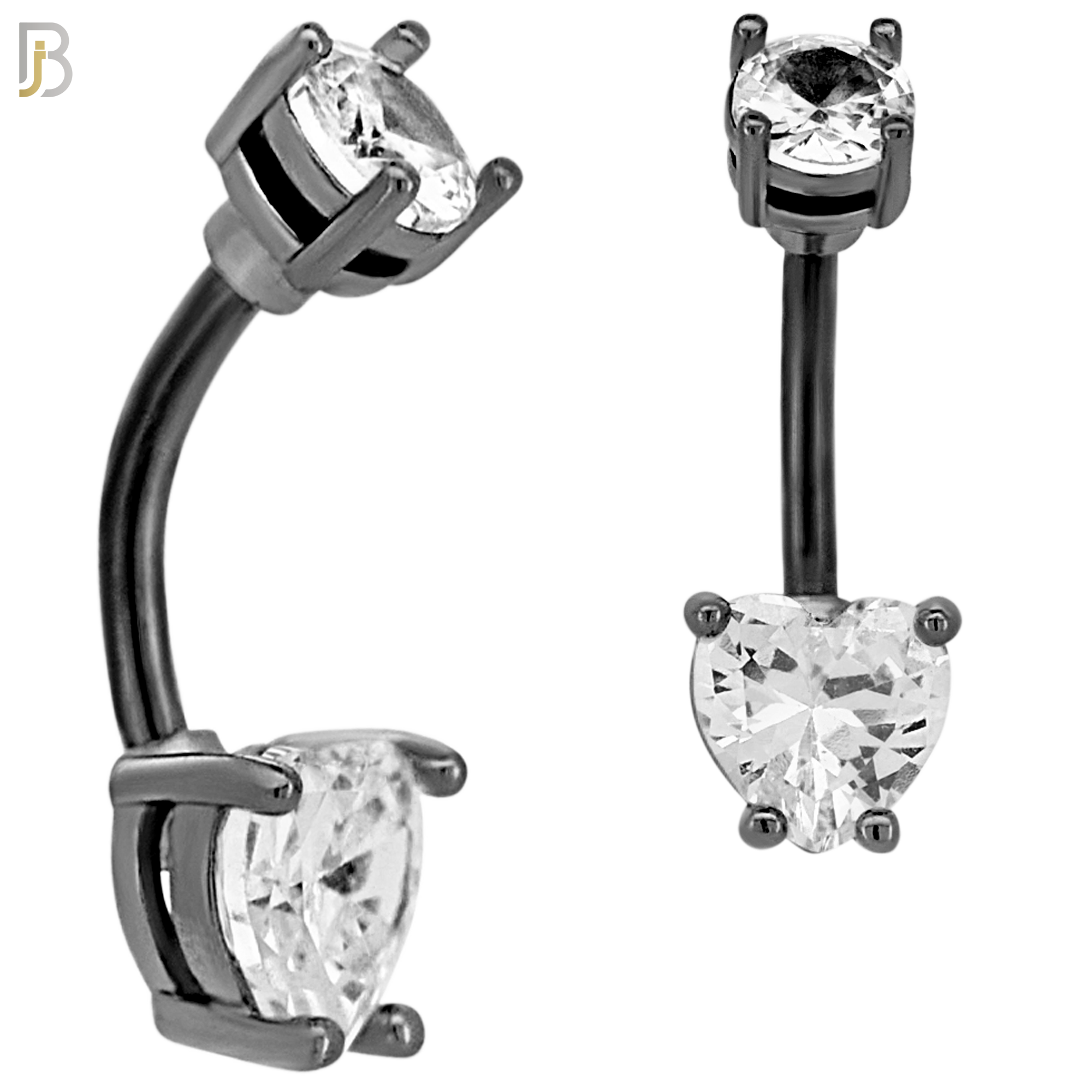 NB06K - 316L Stainless Steel Black Plated Heart Prong Setting Zircon  Banana Belly Navel Ring  (PACK OF 6) image 1