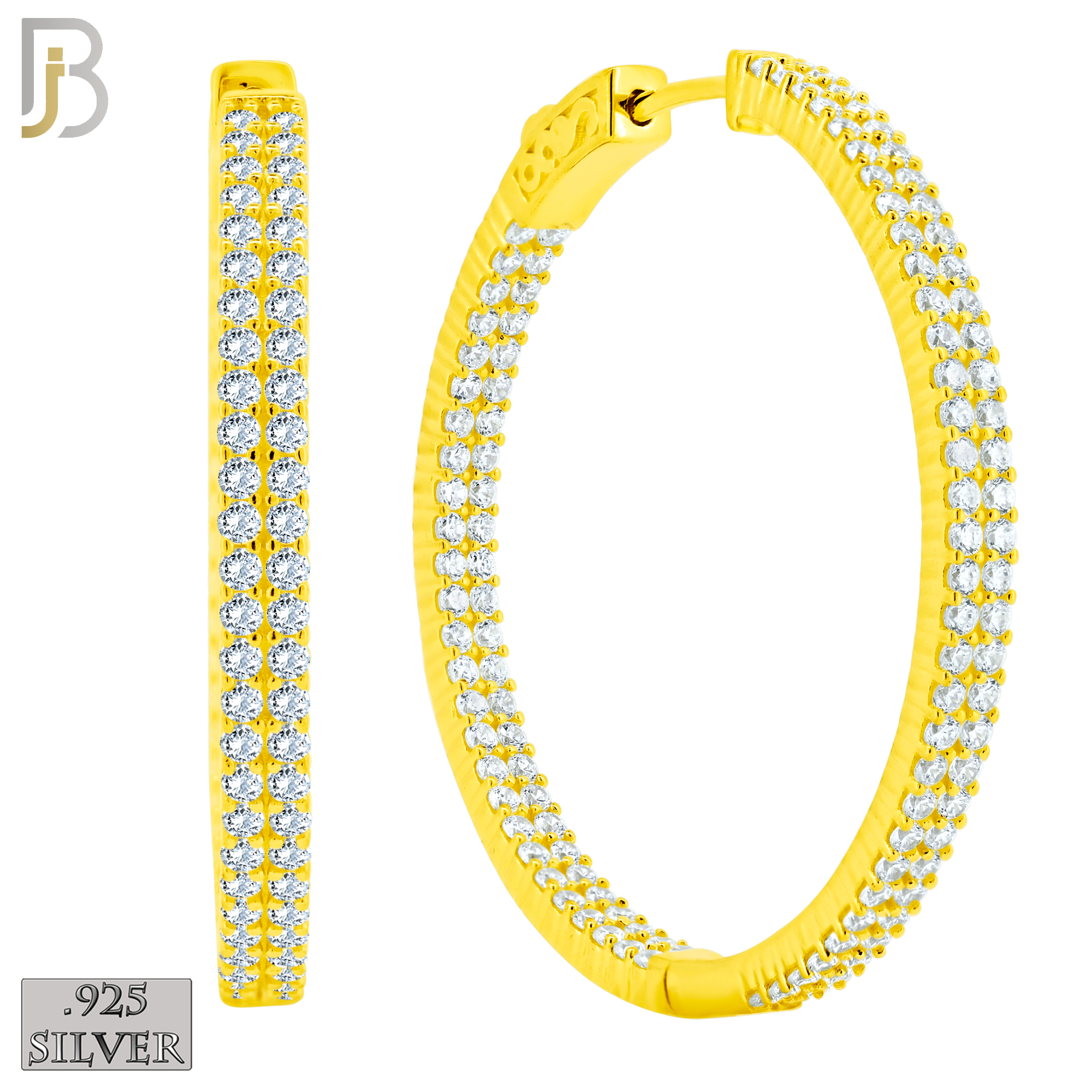 925-ES250 - .925 Sterling Silver Latch Back Hoop Earrings With Two Rows of Zircon image 5