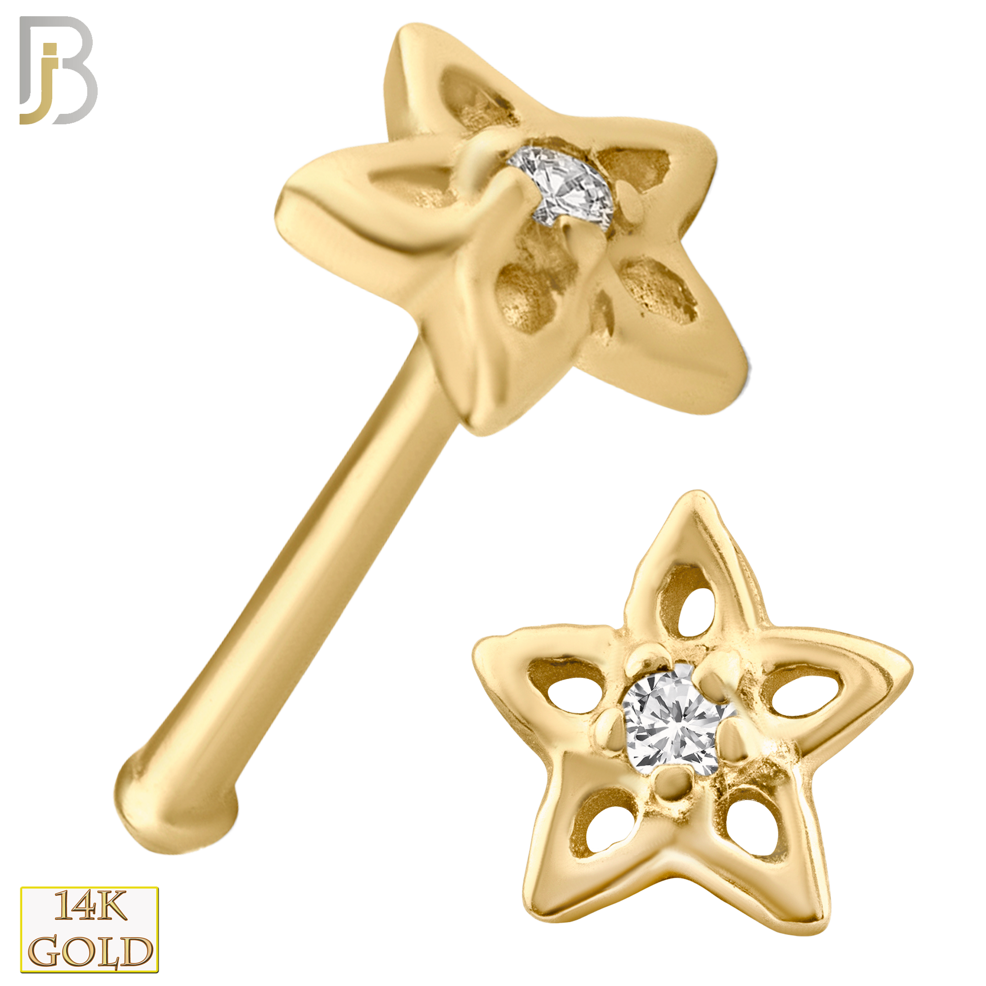 14-NR27BYC - 14k Solid Gold Nose Bone Plain Hollow Star with Single CZ Design image 0