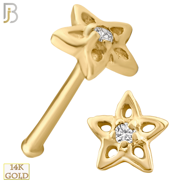 14-NR27BYC - 14k Solid Gold Nose Bone Plain Hollow Star with Single CZ Design image 0