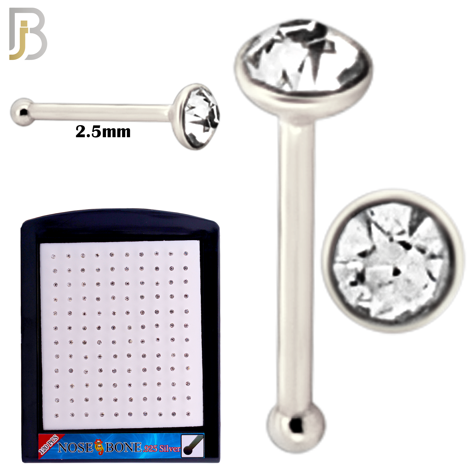 925-PK-NR04S-1C - 2.5mm Clear CZ 22g Thickness 925 Sterling Silver Nose Bones Press Fit, Packages Pack of 120 image 1
