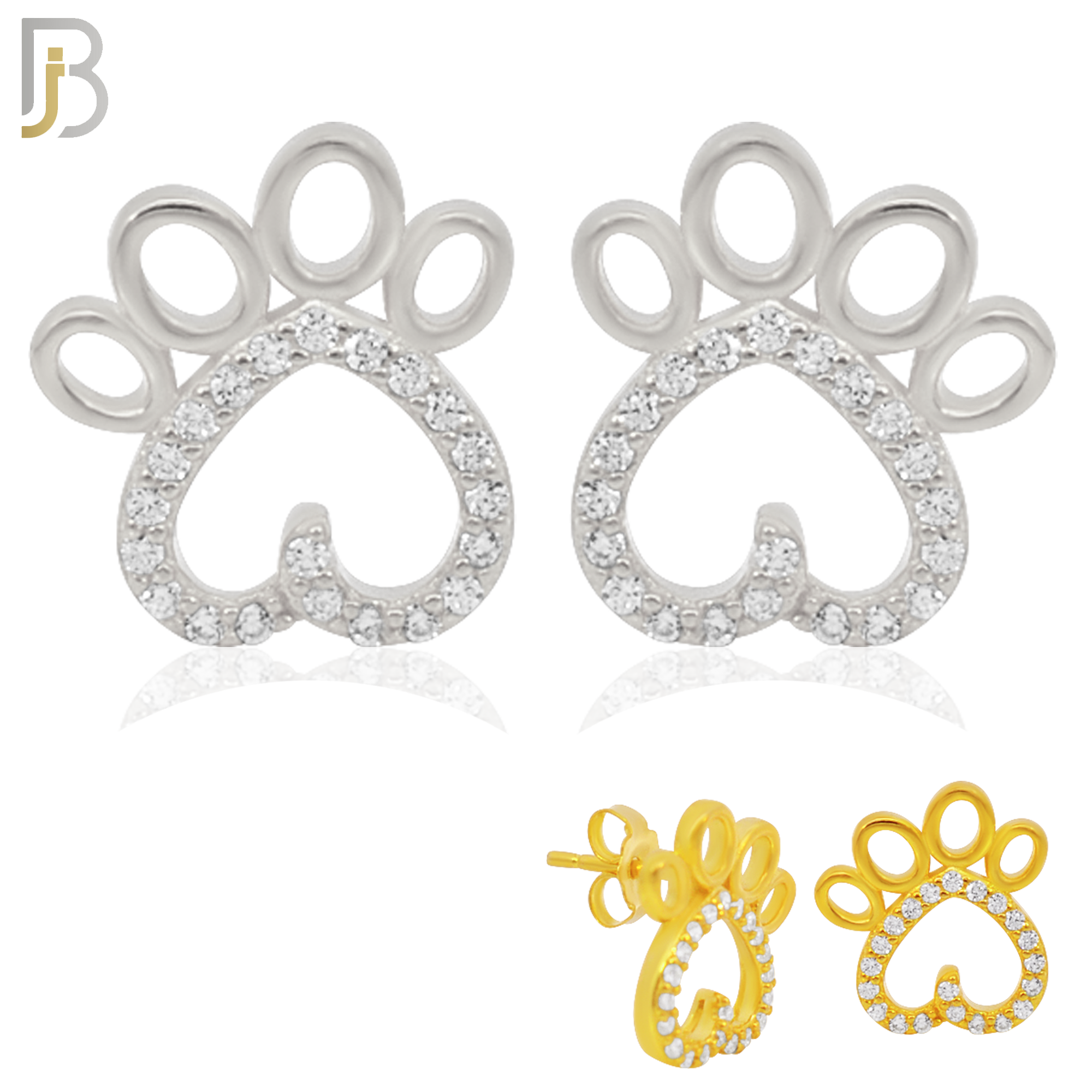 925-ES215 - .925 Sterling Silver Heart Shaped Paw Design Earring Stud with Clear Zircon image 0