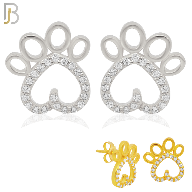 925-ES215 - .925 Sterling Silver Heart Shaped Paw Design Earring Stud with Clear Zircon image 0