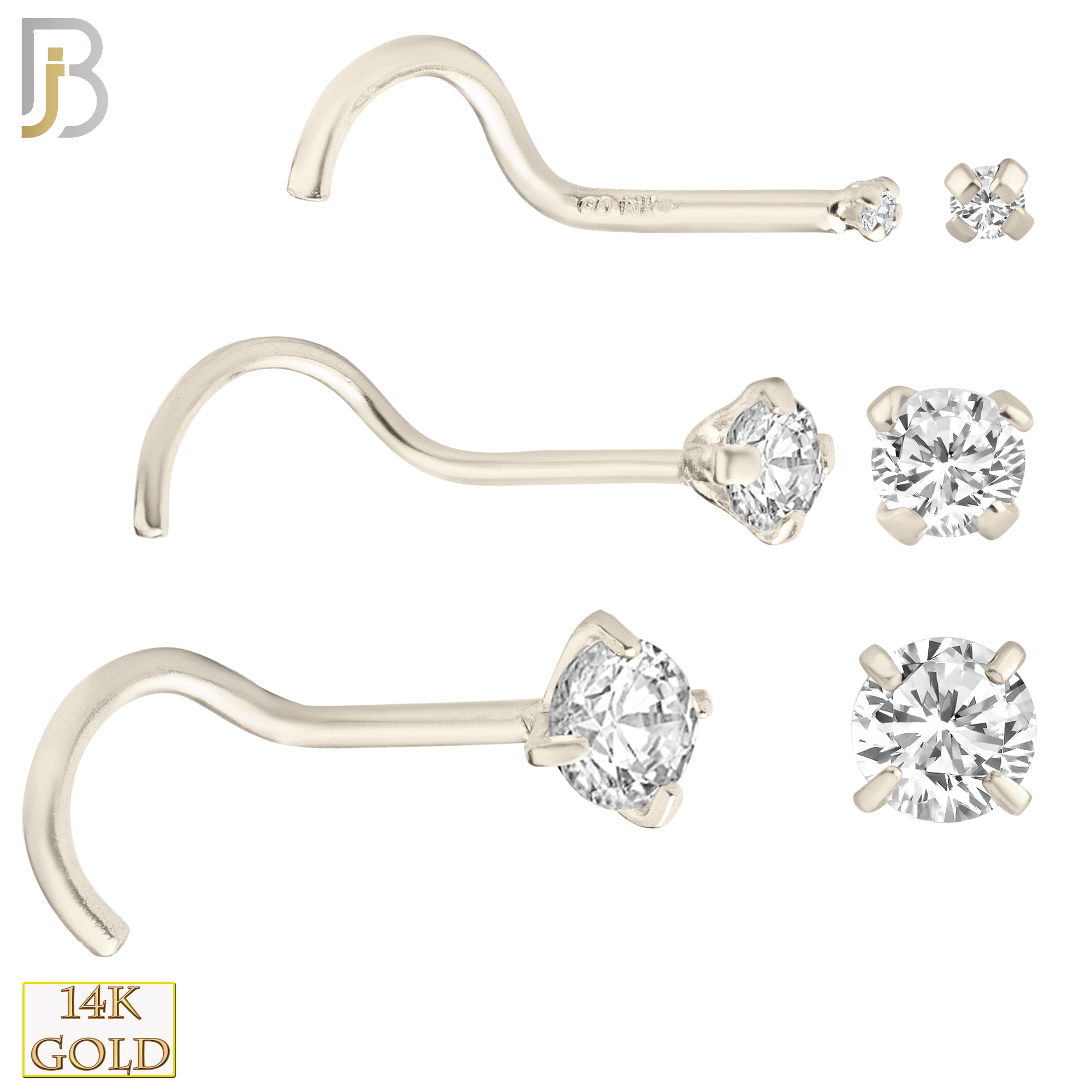 14-NR03CW-22 - 14k Solid White Gold 22g Prong Setting  Round Cubic Zircona Nose Screw, Cork Screw image 0