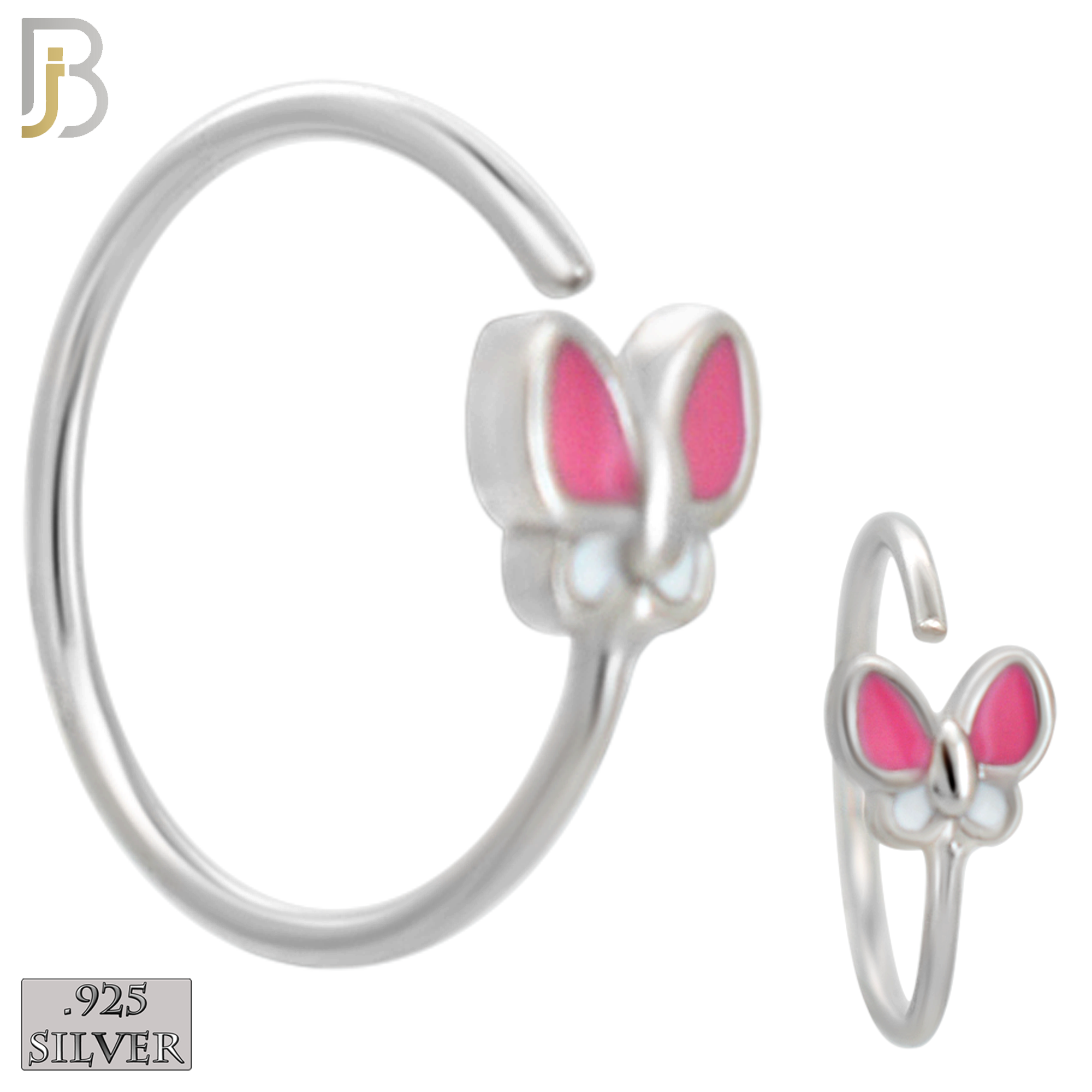925-CT135SP - 925 Silver Nose Butterfly Nose Hoops with Pink\White Enamel - (Pack of 6) image 0