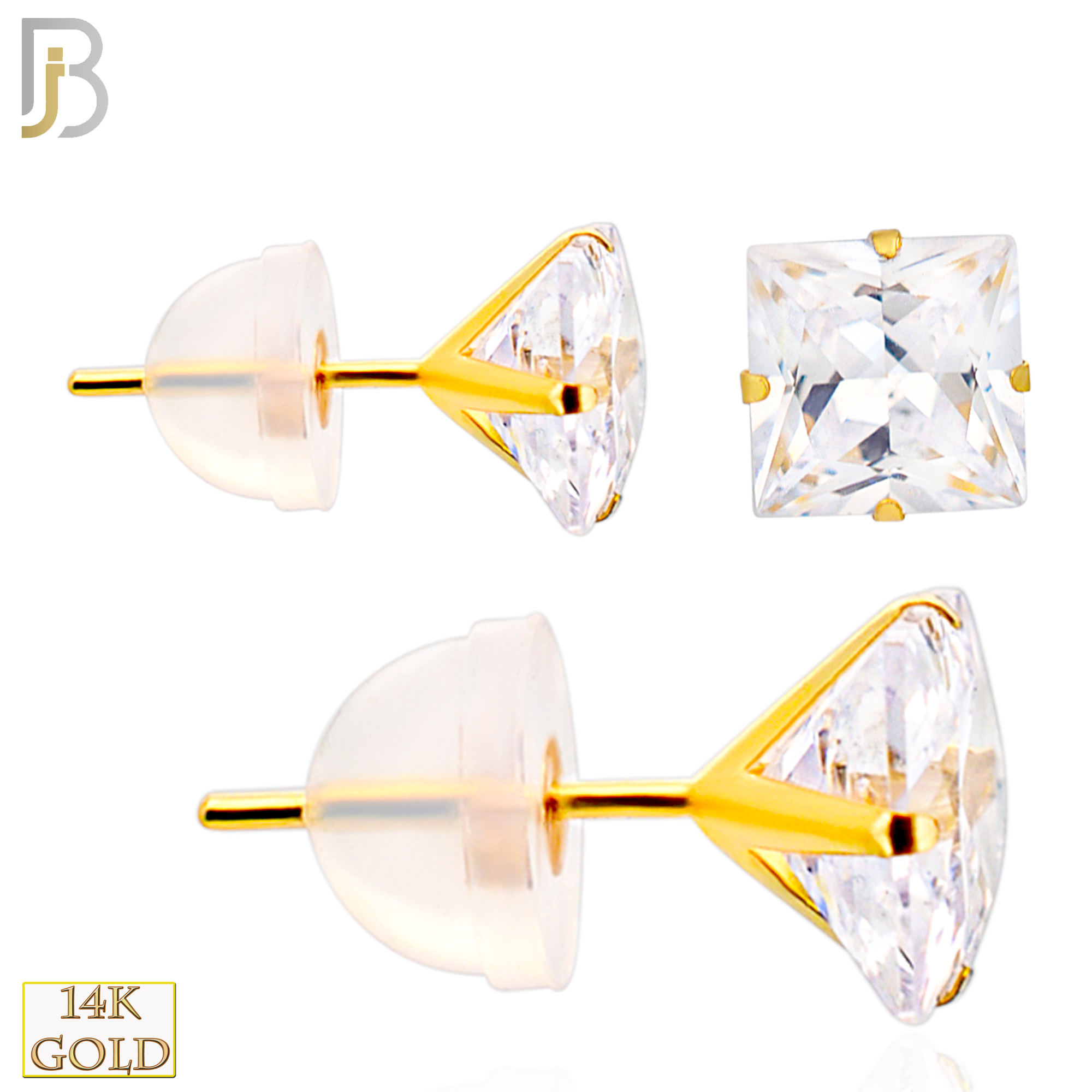 14-ES09YC - 14k Yellow Gold Silicone Back Stud Earrings Stamping Prong Setting with Square Clear Zircon image 0