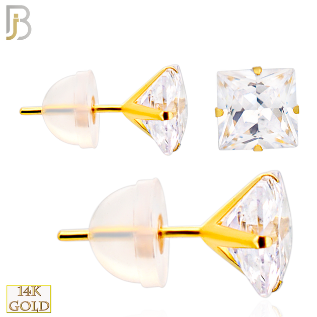 14-ES09YC - 14k Yellow Gold Silicone Back Stud Earrings Stamping Prong Setting with Square Clear Zircon image 0