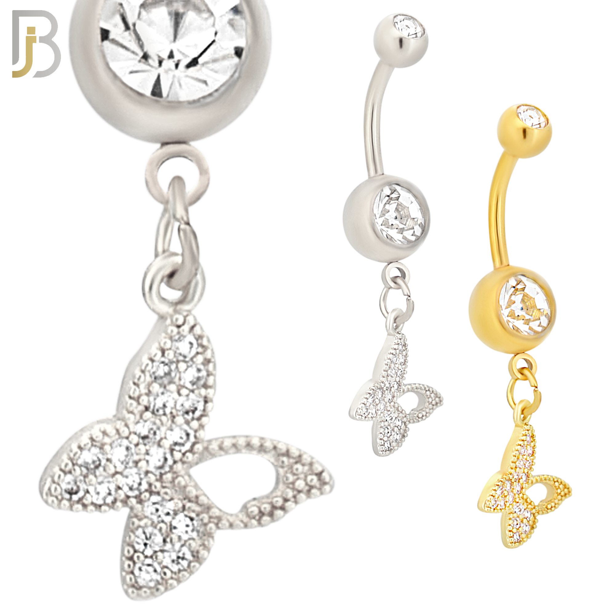 N0106  - 316L Stainless Steel Round Zircon In Bezel Setting with Dangling Butterfly with Zircon Belly Ring image 0