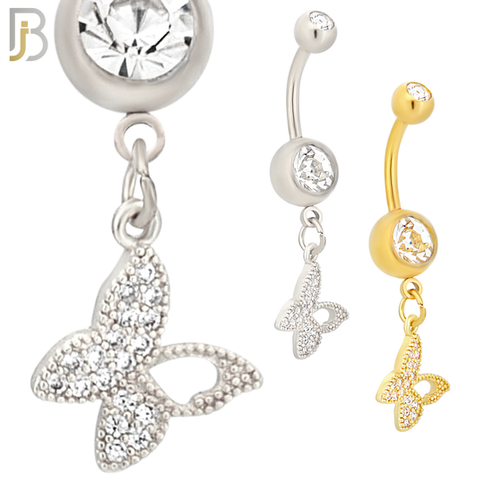 N0106  - 316L Stainless Steel Round Zircon In Bezel Setting with Dangling Butterfly with Zircon Belly Ring image 0