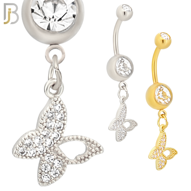 N0106  - 316L Stainless Steel Round Zircon In Bezel Setting with Dangling Butterfly with Zircon Belly Ring image 0