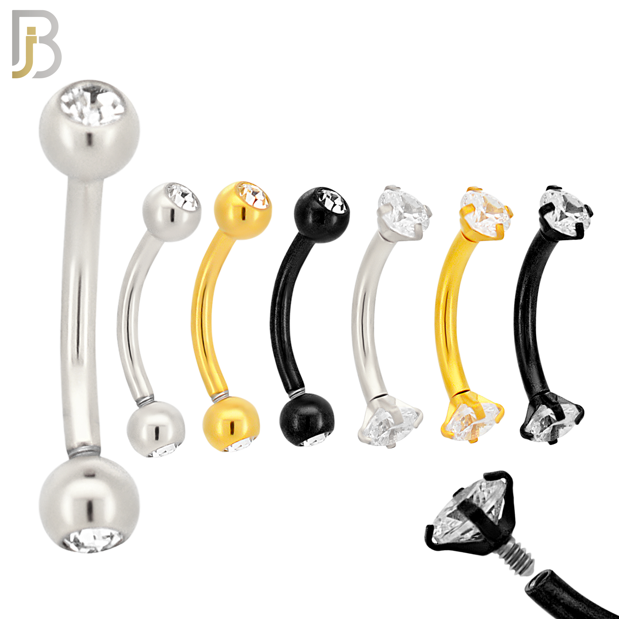 PK-EC03M - 316L Surgical Steel Curved Barbell External Threaded with Bezel Set and Prong Set Zircon image 1