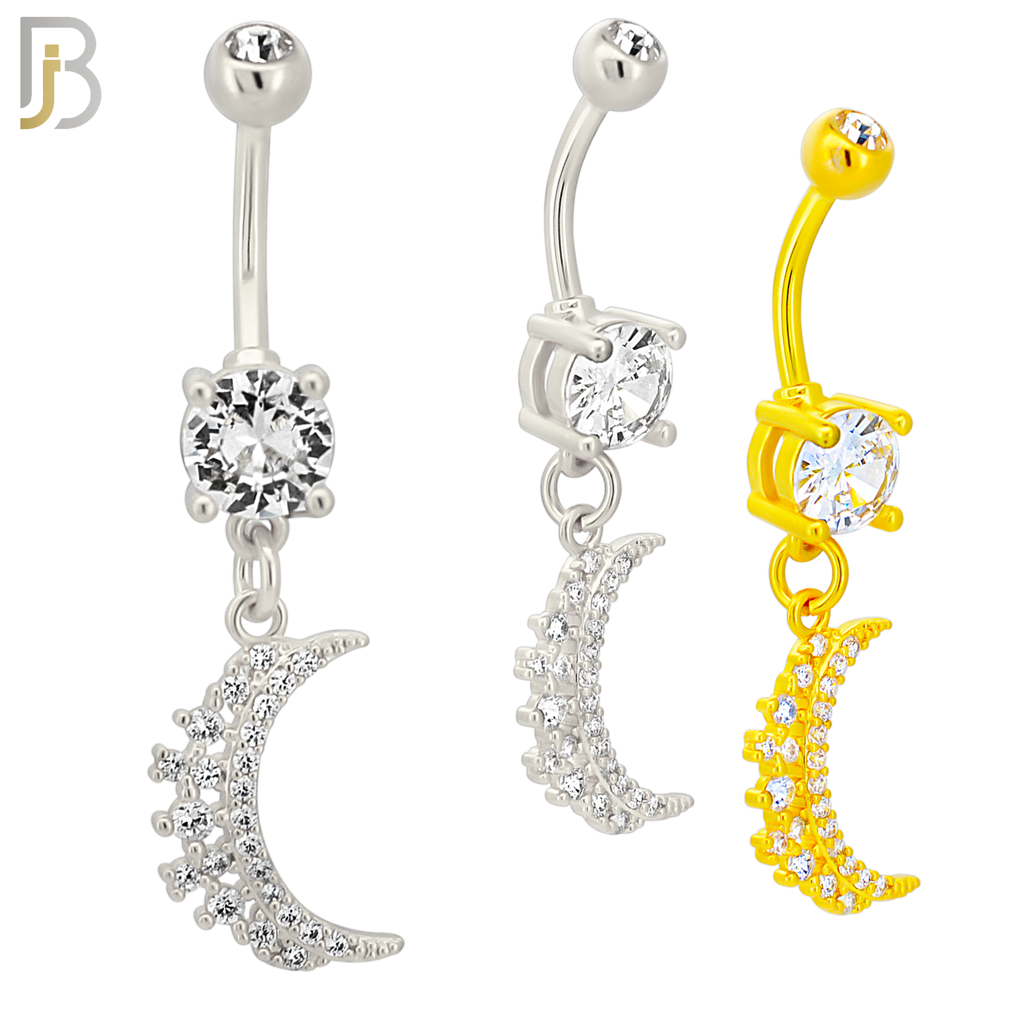 N037 - 316L Stainless Steel Dangling Crescent Moon  Zircon Design Belly Ring with 4mm Screw Ball image 0