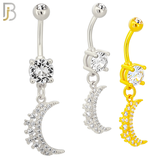 N037 - 316L Stainless Steel Dangling Crescent Moon  Zircon Design Belly Ring with 4mm Screw Ball image 0