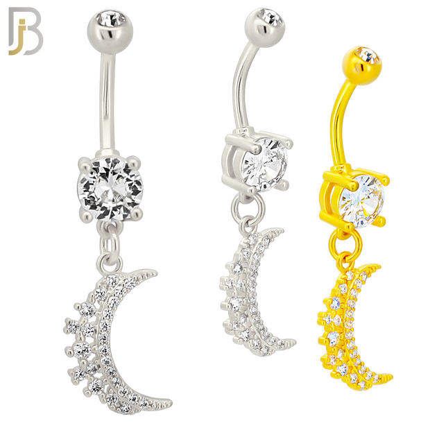 N037 - 316L Stainless Steel Dangling Crescent Moon  Zircon Design Belly Ring with 4mm Screw Ball image 0