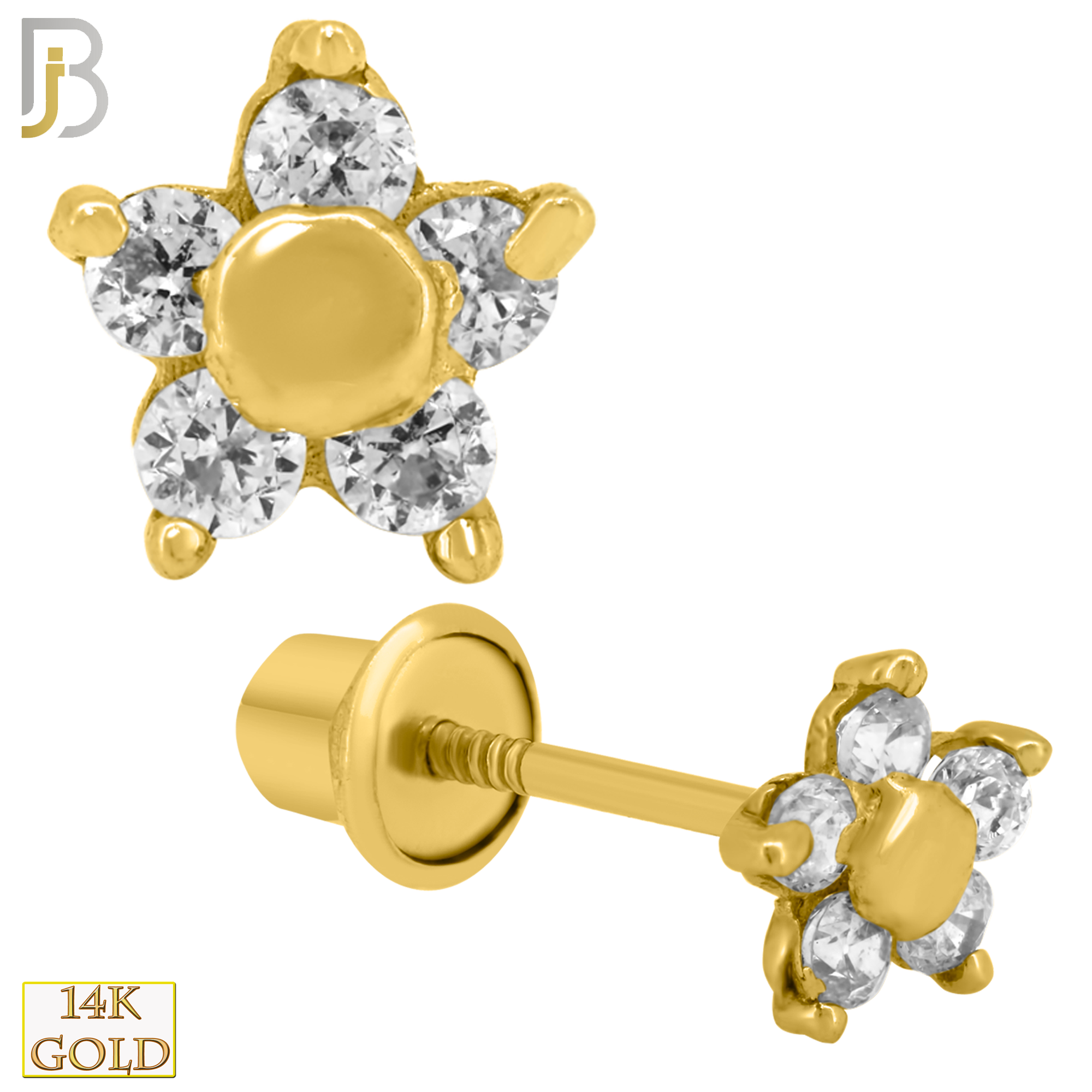 14-ES206 - 14k Solid Gold Flower Design Earring Stud with Clear Zircon image 0