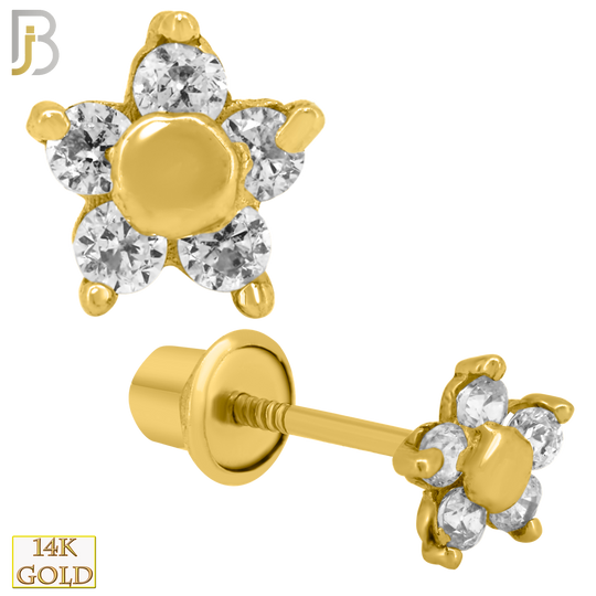 14-ES206 - 14k Solid Gold Flower Design Earring Stud with Clear Zircon image 0