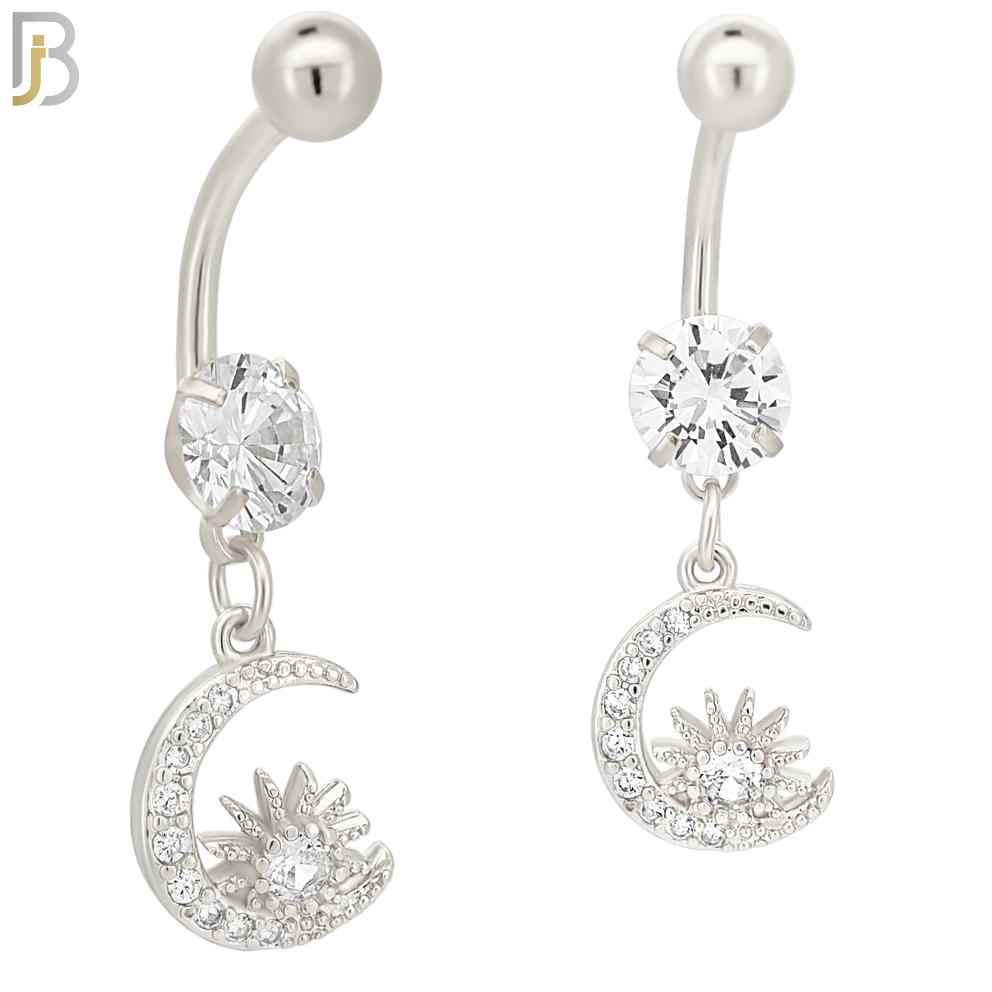 N069 - 316L Stainless Steel Dangling Moon and Sun Zircon Design Belly Ring with 5mm Screw Ball image 1