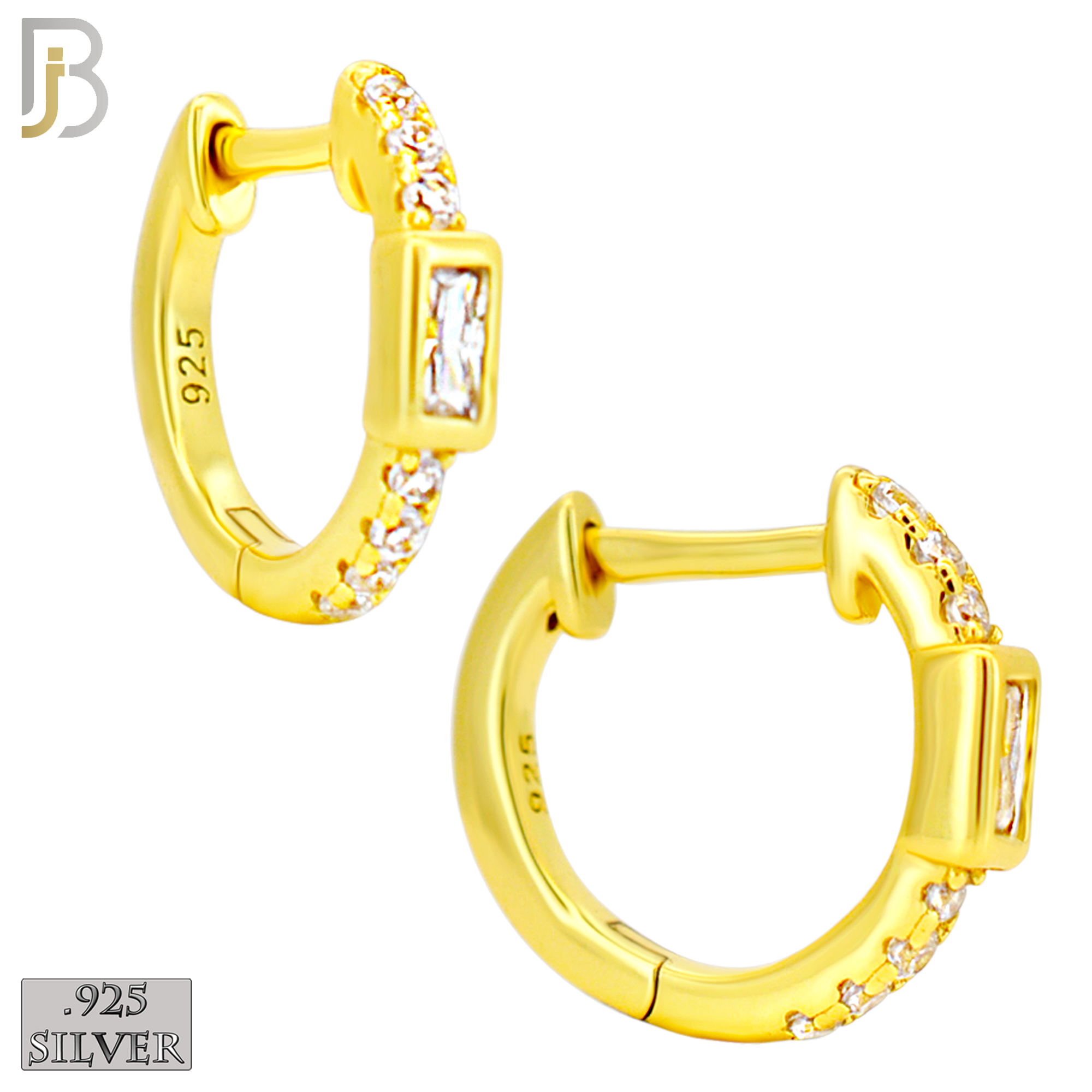 925-ES457 - 925 Sterling Silver Huggies Hoop Earrings with Baguette Zircon in Bezel Setting and Side Stones image 2