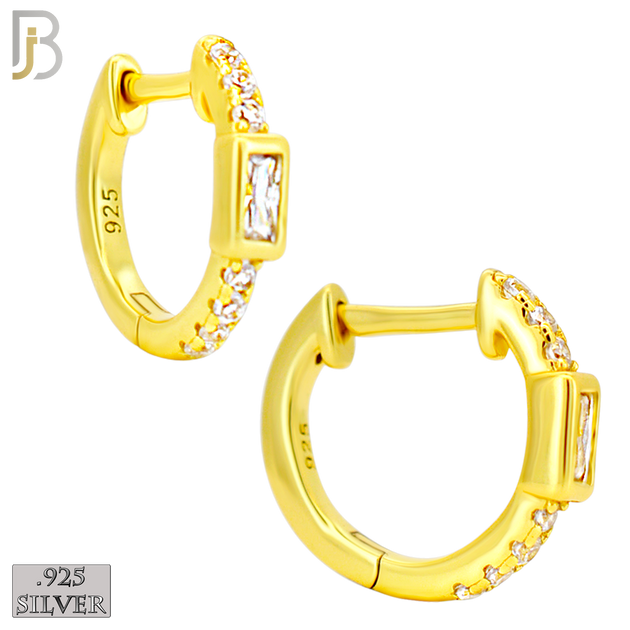 925-ES457 - 925 Sterling Silver Huggies Hoop Earrings with Baguette Zircon in Bezel Setting and Side Stones image 2