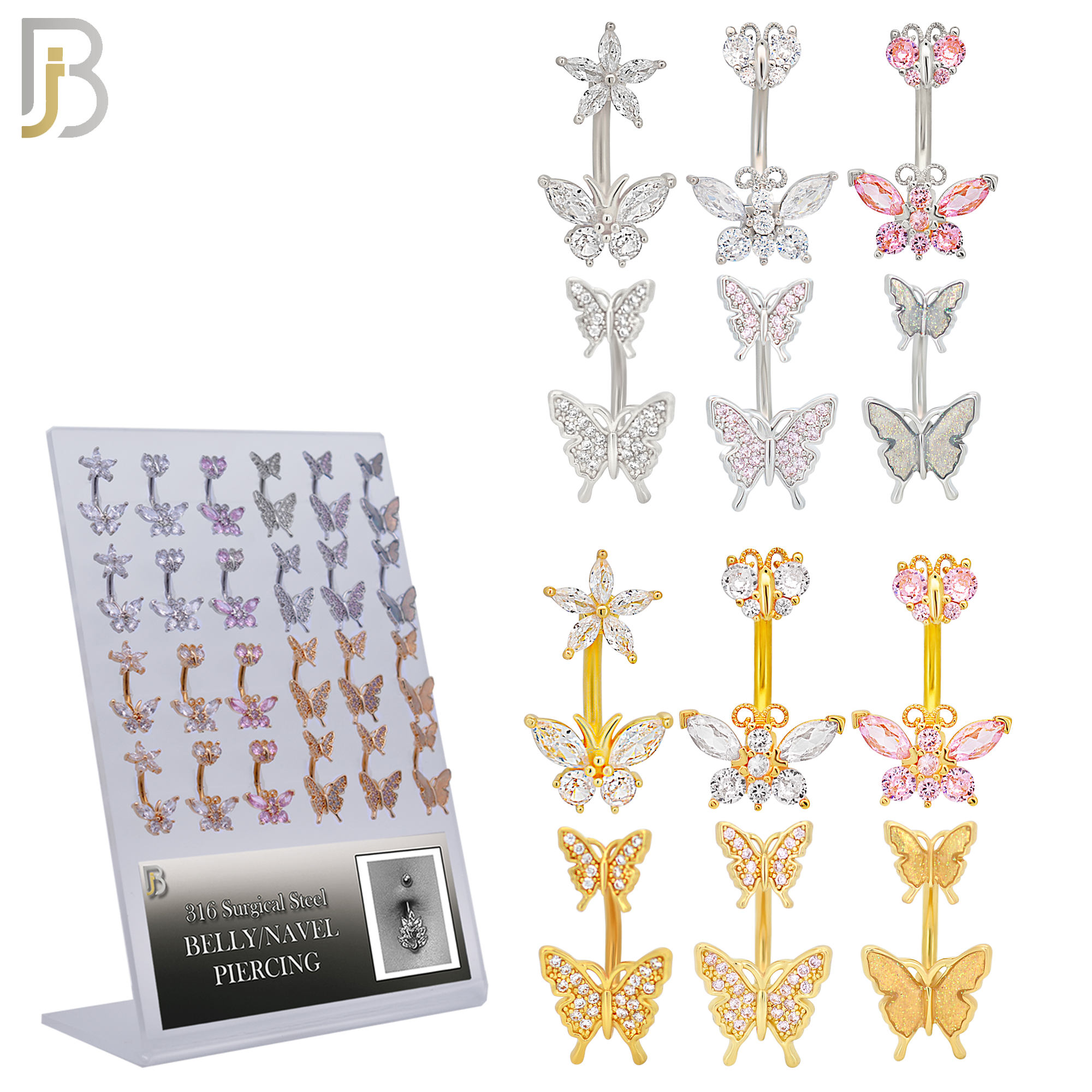 PK-NB60M - 316L Surgical Steel All Butterfly Design Banana Belly Ring - Pack of 24 image