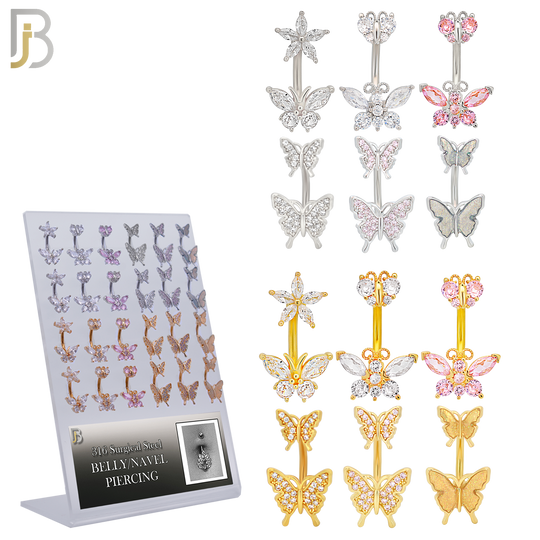 PK-NB60M - 316L Surgical Steel All Butterfly Design Banana Belly Ring - Pack of 24 image