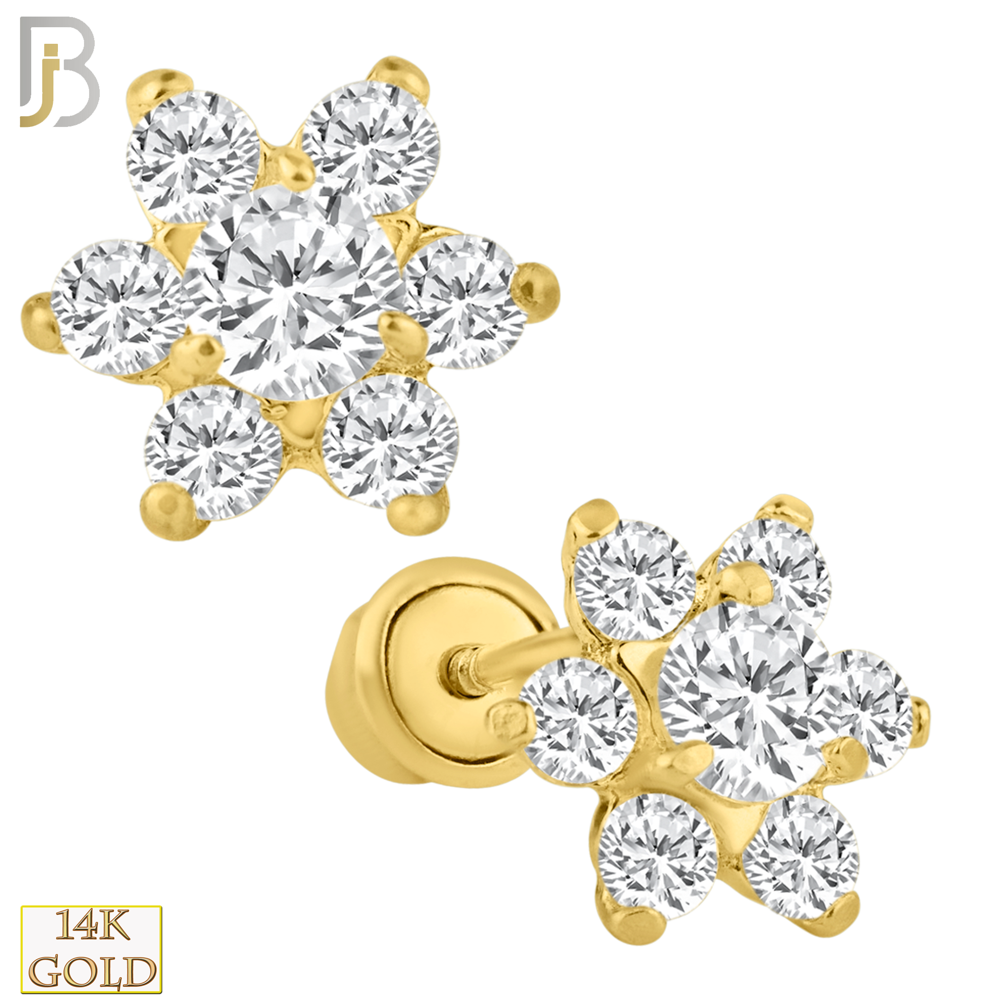 14-ES100 - 14k Solid Gold 6 Petal Flower with Bigger Center CZ Screw Back Stud Earring image 0