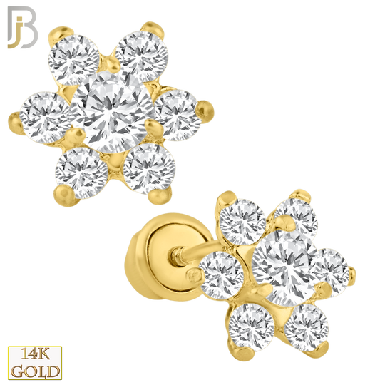 14-ES100 - 14k Solid Gold 6 Petal Flower with Bigger Center CZ Screw Back Stud Earring image 0