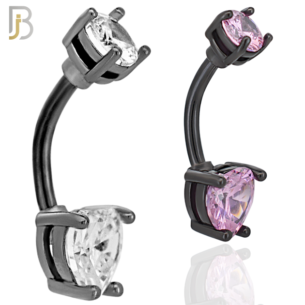 NB06K - 316L Stainless Steel Black Plated Heart Prong Setting Zircon  Banana Belly Navel Ring  (PACK OF 6) image 0