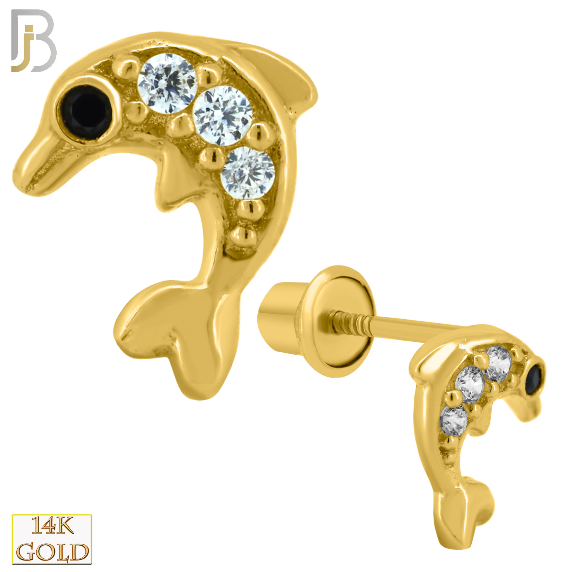 14-ES220 - 14k Solid Gold Dolphin Design Earring Stud with Clear Zircon image 0