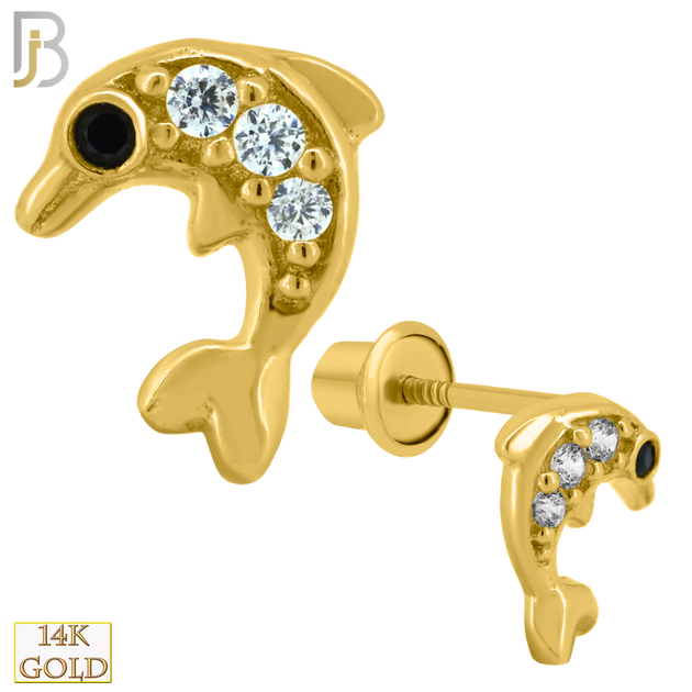 14-ES220 - 14k Solid Gold Dolphin Design Earring Stud with Clear Zircon image 0