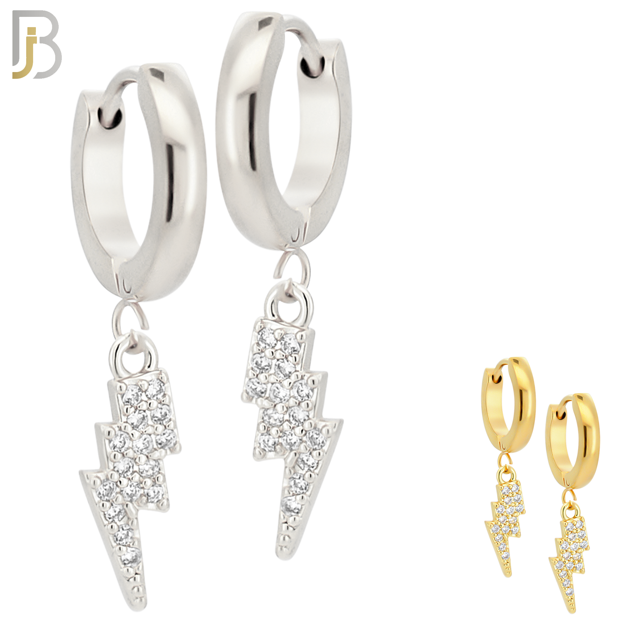 ES84 - 316L Stainless Steel Dangling Lightning Bolt with Zircon Design Huggies Clip On image 0