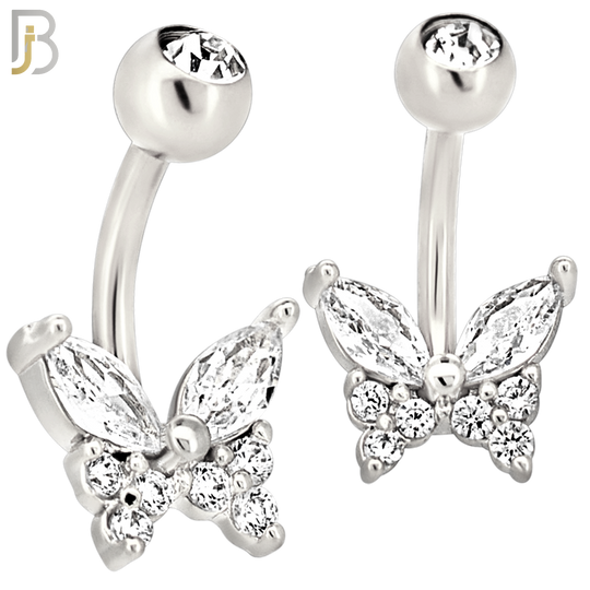 NB111 - 316L Surgical Steel Butterfly Marquise CZ in Both Upper Wings Belly Ring image 1