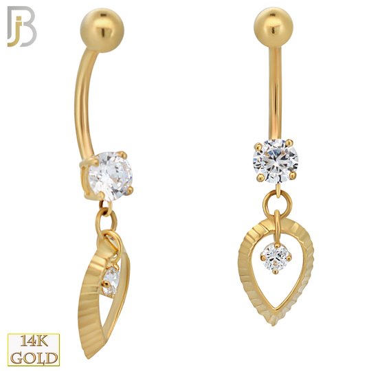 14-N004 - 14k Solid Gold Dangle Hollow Leaf Belly Ring image 2