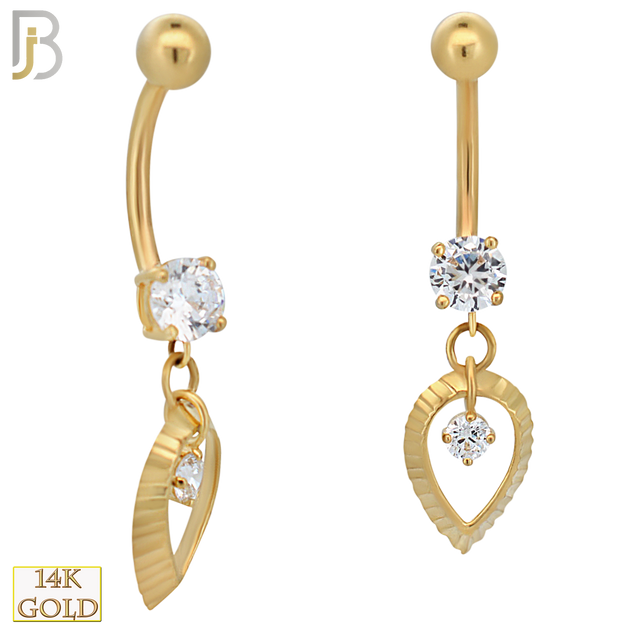 14-N004 - 14k Solid Gold Dangle Hollow Leaf Belly Ring image 2