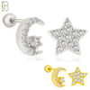 925-ES154 - Screw Ball Back - .925 Sterling Silver Crescent Moon and Star  Design with Zircon Design Earring Stud image 0
