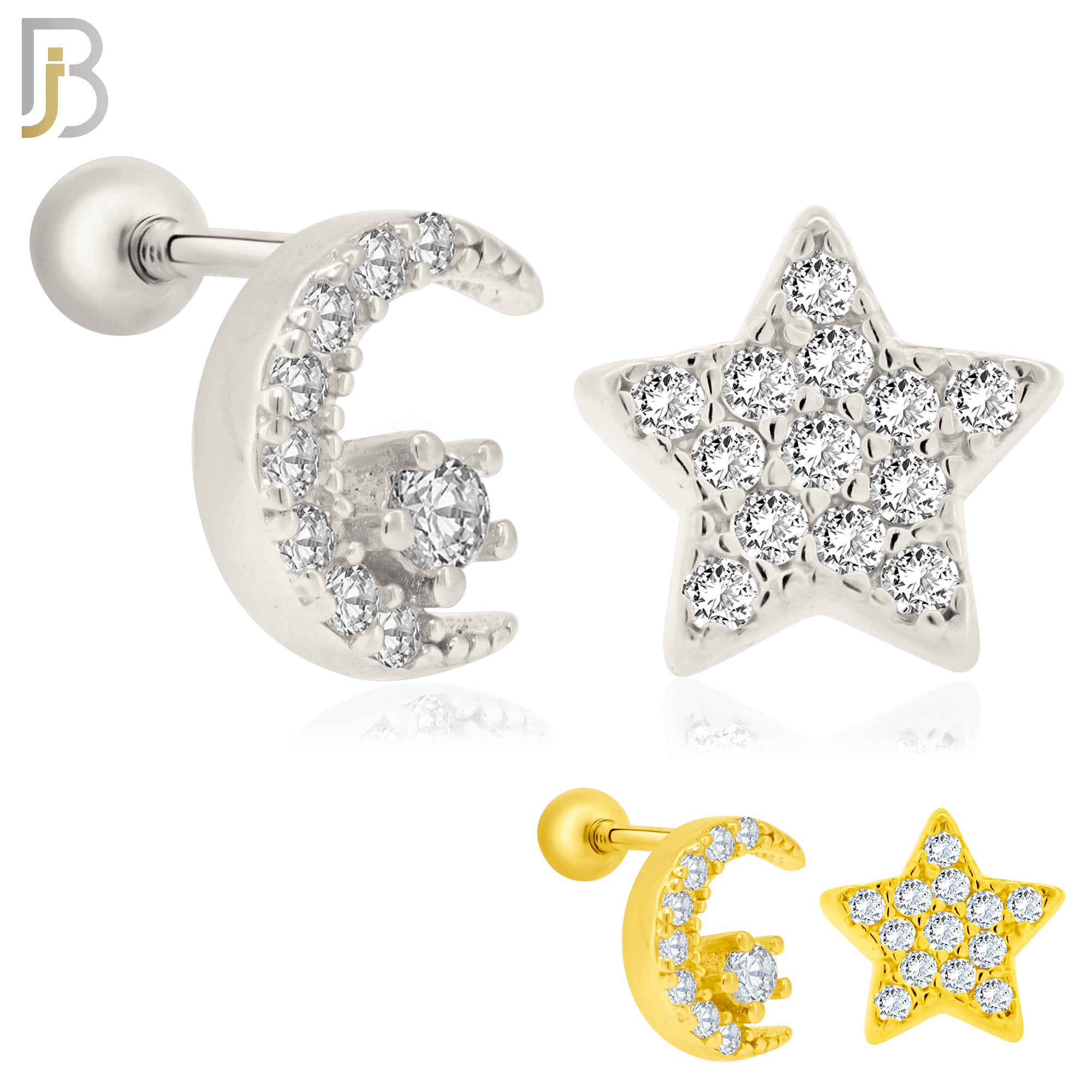 925-ES154 - Screw Ball Back - .925 Sterling Silver Crescent Moon and Star  Design with Zircon Design Earring Stud image 0