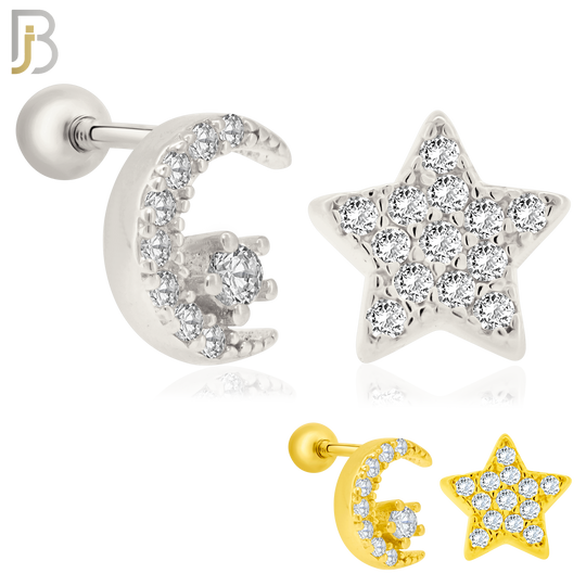 925-ES154 - Screw Ball Back - .925 Sterling Silver Crescent Moon and Star  Design with Zircon Design Earring Stud image 0