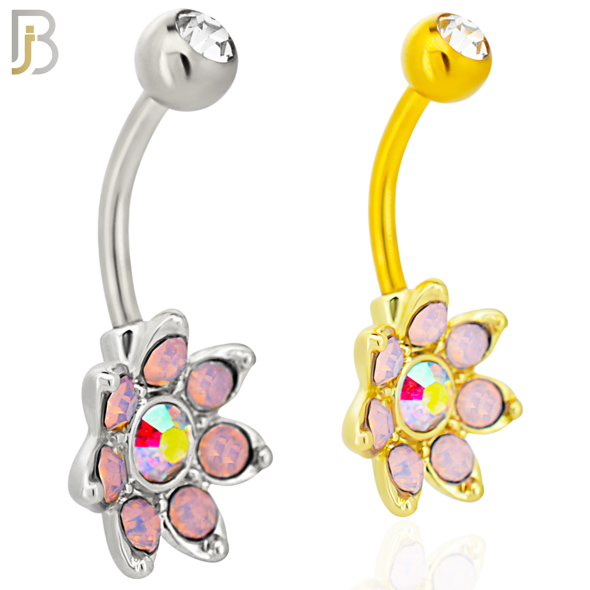 NB92 - 316L Stainless Steel Flower  Design CZ Banana Belly Ring and 5mm Screw Top image 0
